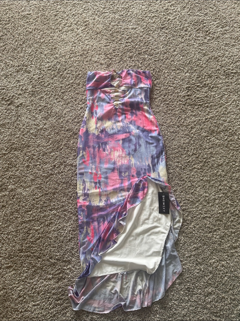 SHEIN Strapless Purple Pink Abstract Print Midi Dress